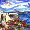 Santorini in Scarlett, Greece - signed original painting on canvas, framed.
